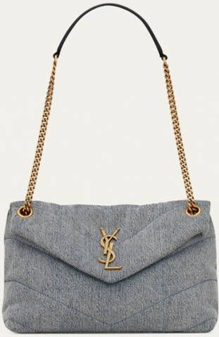 Saint Laurent Puffer Small schoudertas van denim met kalfsleren details