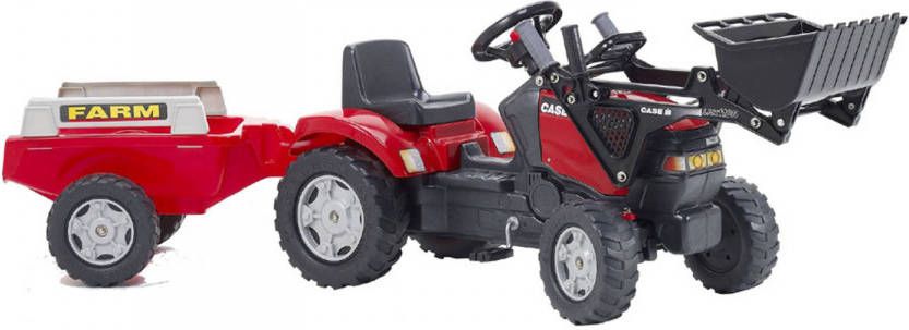Falk Speelgoedtractor met pedalen Case met voorlader en aanhanger rood