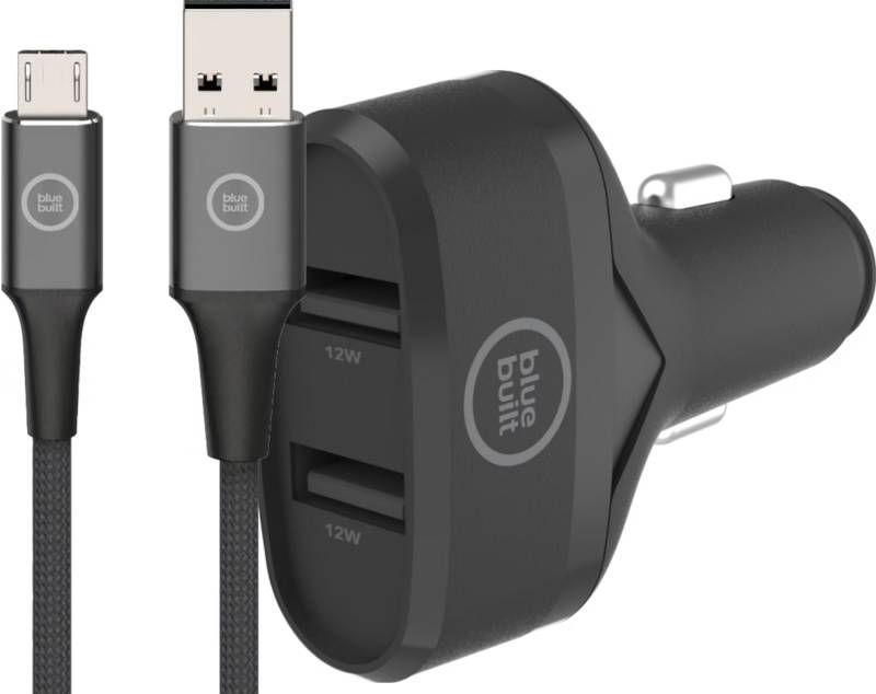 BlueBuilt Autolader met 2 Usb A Poorten 12W + Micro Usb Kabel 1, 5m Nylon Zwart