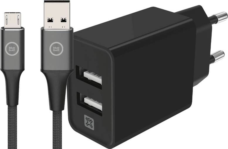 Xtrememac Oplader met 2 Usb A Poorten 12W + BlueBuilt Micro Usb Kabel 1, 5m Nylon Zwart