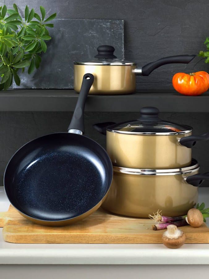 HSP Hanseshopping 4 delige pannenset Ceraflon Diamant Goudkleur, 4 delige pannenset Ceraflon Diamant Berry, 4 delige pannenset Ceraflon Diamant Grijs, 4 delige pannenset Ceraflon Diamant Rood, 4 delige pannenset Ceraflon Diamant Koperkleur