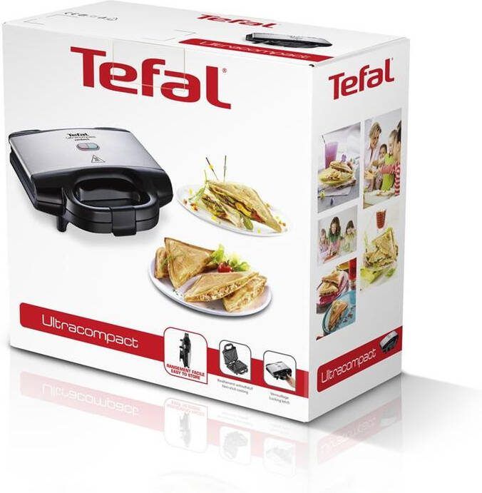 Tefal Sandwichmaker SM1552 Ultracompact voor driehoekige sandwichtoasts, bakplaten met antiaanbaklaag, gemakkelijk te reinigen, niets brandt aan, sandwich grill, afm. 26, 5 x 12 x 26 cm