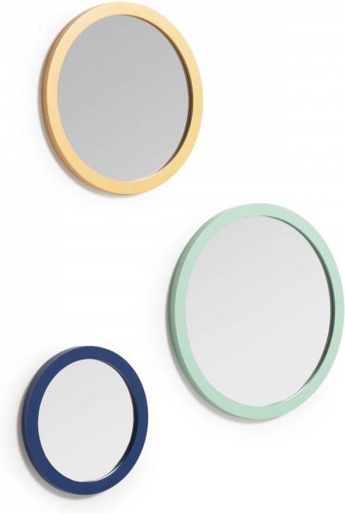 Kave Home Malala set van 3 ronde spiegels blauw, mosterdgeel en