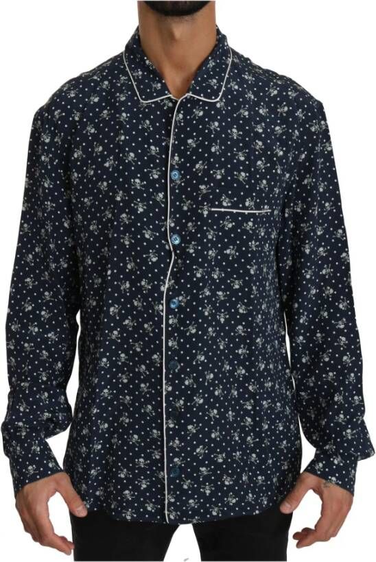 Dolce & Gabbana Blue Skull Print Silk Top Sleepwear Shirt , Blauw, Heren