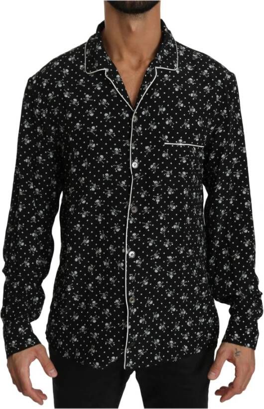 Dolce & Gabbana Black Skull Print Silk Sleepwear Shirt , Zwart, Heren