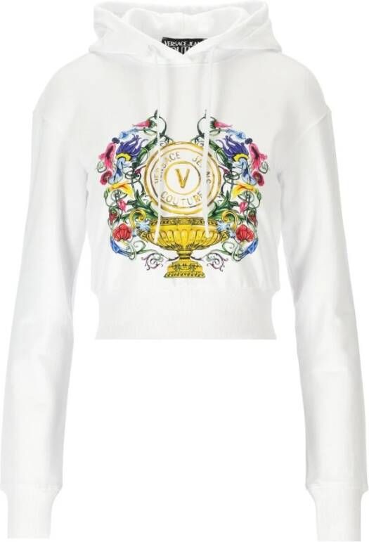 Versace Jeans Couture V Emblem Garden White Crop Hoodie , Wit, Dames