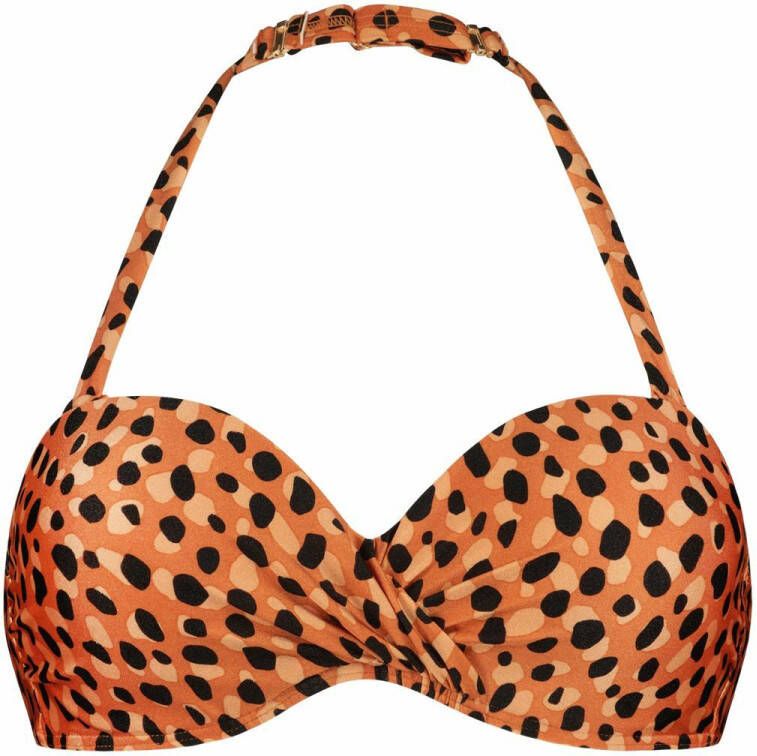 Beachlife voorgevormde strapless bandeau bikinitop met panterprint oranje/zwart