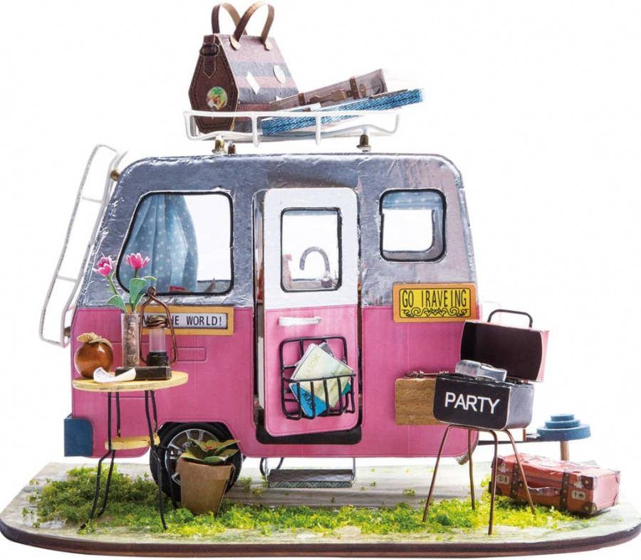 Robotime Vrolijke Camper Dgm04 Houten Modelbouw Mini Poppenhuis Met Led Licht Diy
